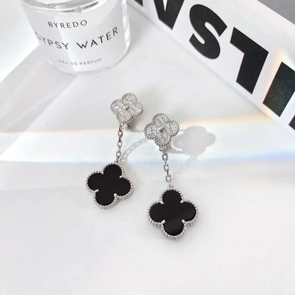 [Eternal Jewelry]CLOVER 2 MOTIFS  DIAMOND ONYX EARRINGS SILVER