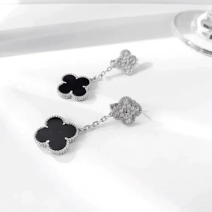 [Eternal Jewelry]CLOVER 2 MOTIFS  DIAMOND ONYX EARRINGS SILVER