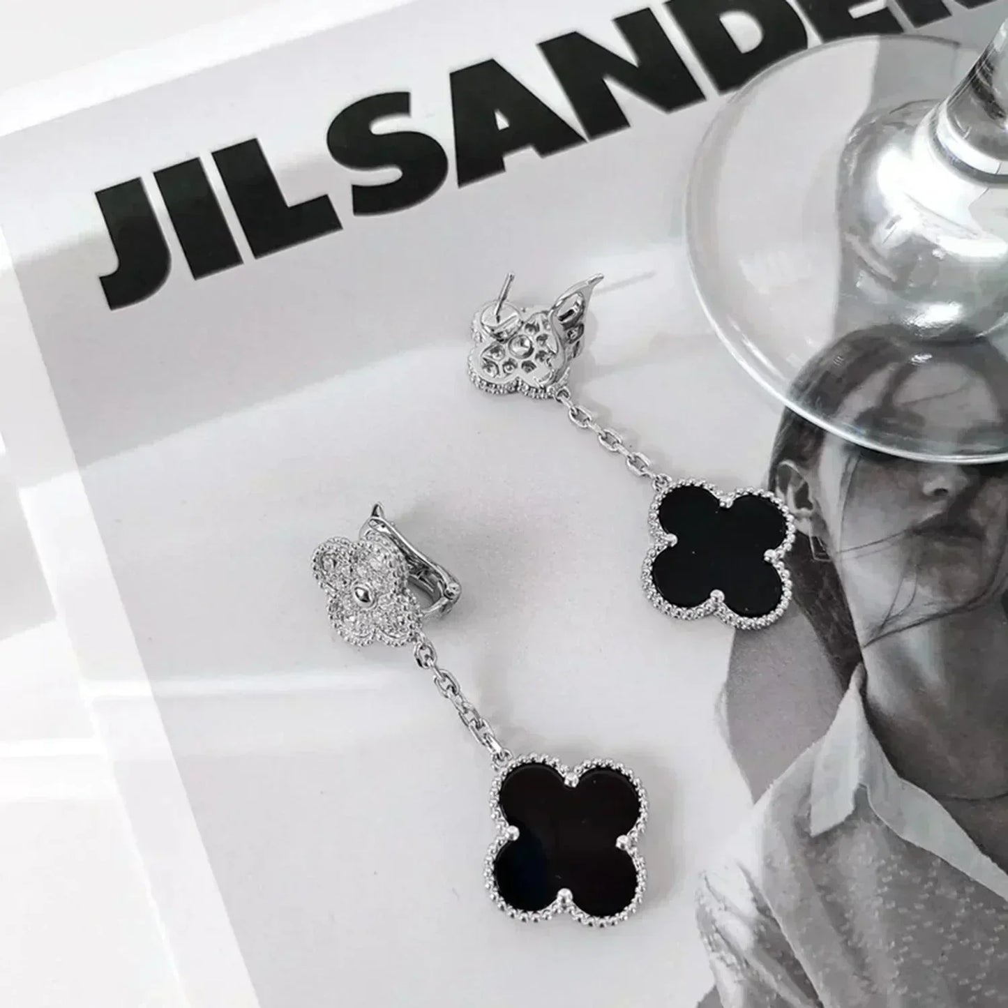 [Eternal Jewelry]CLOVER 2 MOTIFS  DIAMOND ONYX EARRINGS SILVER