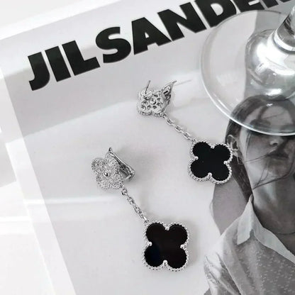 [Eternal Jewelry]CLOVER 2 MOTIFS  DIAMOND ONYX EARRINGS SILVER