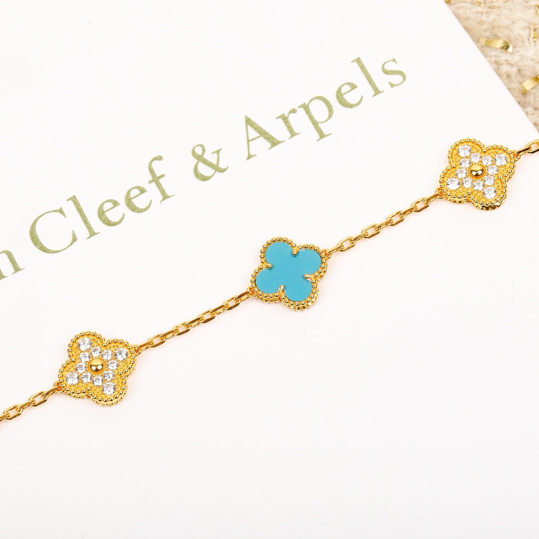 [Eternal Jewelry]CLOVER 5 MOTIF TURQUOISE DIAMOND GOLD BRACELET