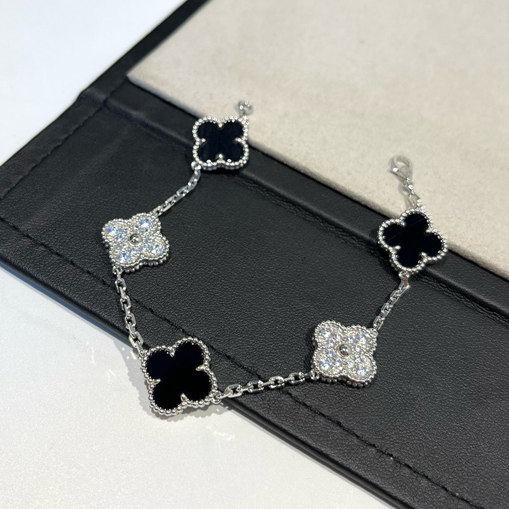 [Eternal Jewelry]CLOVER 5 MOTIF ONYXS DIAMOND BRACELET SILVER